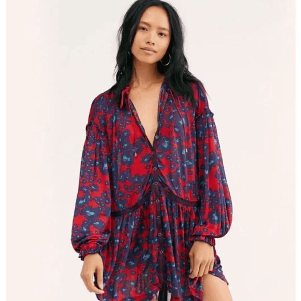 NWT Free People Love Letter Tunic Top in Merlot Combo Red Blue Size Medium